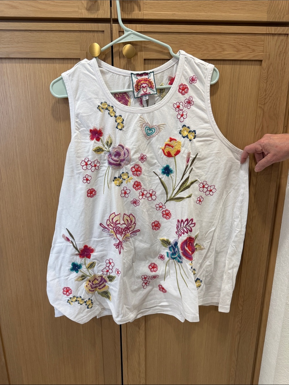 Johnny Was White Tank Top with Multicolor Floral Embroidery